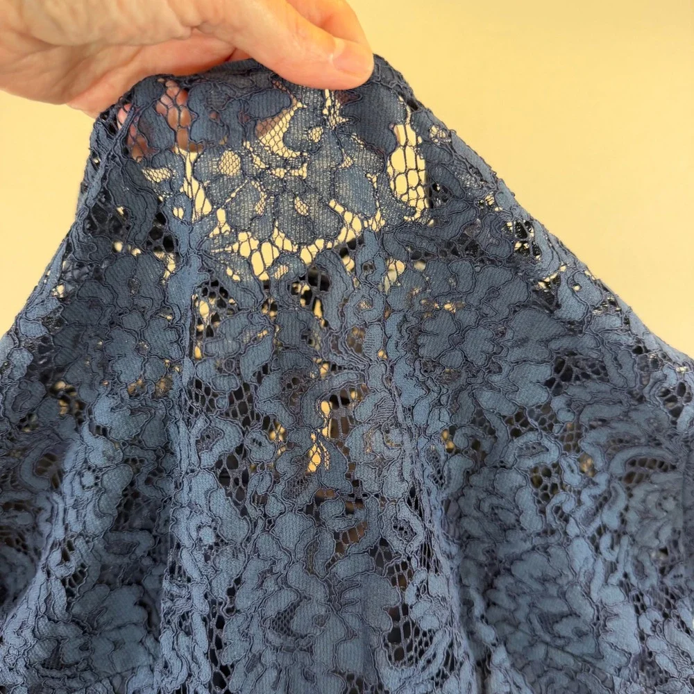 Navy Blue Lace Long Sleeve Ruffle Mini Dress Womens US‎ M Romantic Cocktail Date